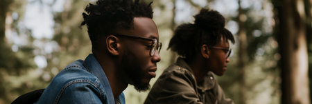 Two Young Men with Glasses Pondering in Nature.の素材