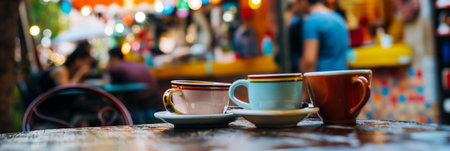 Vibrant Outdoor Cafe Colorful Coffee Cups on Rustic Wooden Table.の素材