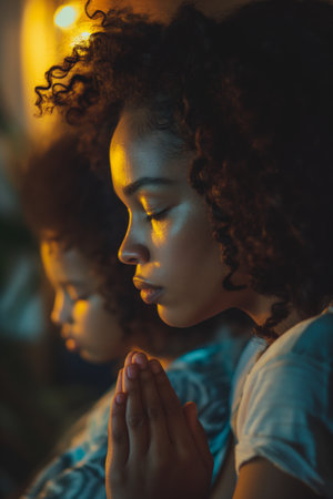 Peaceful Mother and Child in Evening Light Praying with Eyes Closed.の素材
