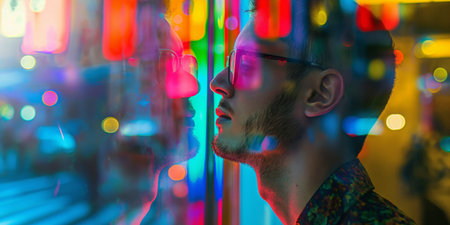 Reflective Urban Portrait of a Man with Vibrant Neon Lights in the City.の素材