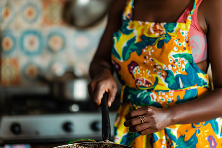 Woman Cooking in Colorful Apron Stirring Food on Stove in Bright Kitchen.の素材