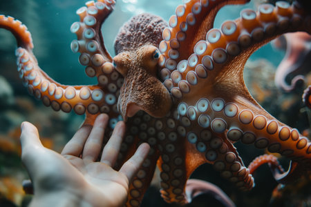 Hand Reaching Towards Octopus Underwater in Vibrant Marine Environment.の素材