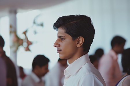 Young Man in Formal Wear at Social Event with Blurred Background.の素材