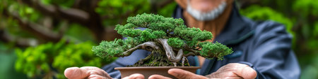 Elderly Man Holding Bonsai Tree in Hands, Showcasing Japanese Art of Bonsai Gardening.の素材
