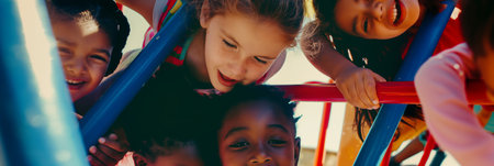 Happy Children Playing Together on Colorful Playground Equipment Outdoors.の素材