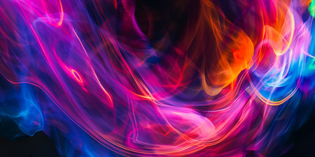 Vivid Neon Light Trails on Dark Background, Abstract Colorful Fluid Motion.の素材