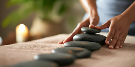 Spa Therapist Arranging Hot Stones for Relaxing Massage in Serene Spa Setting.の素材