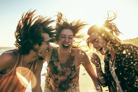 Friends Having Fun on a Sunny Beach Day Laughing and Enjoying Sunlight and Water Splash.の素材