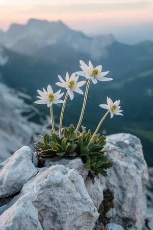Alpine Flowers Blooming on Rocky Mountain Cliff at Sunrise.の素材