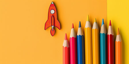 Creative Red Rocket and Color Pencils on Yellow Background for Education and Art Projects.の素材