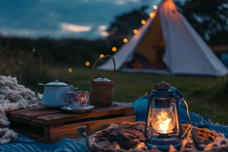 Cozy Outdoor Evening Camping Scene with Tea, Lantern, and Tent Under the Twilight Sky.の素材