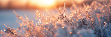 Frosty Sunrise Over Winter Meadow With Sparkling IceCovered Grass Blades.の素材