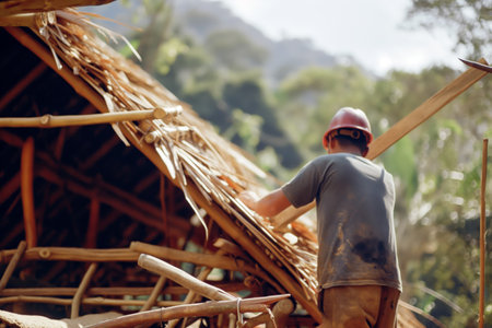 Craftsman Building Bamboo Roof in Tropical Forest Using Traditional Techniques.の素材