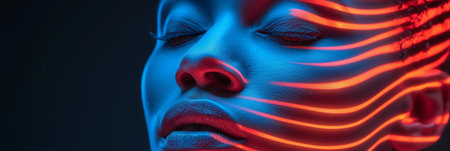 Futuristic CloseUp of a Woman's Face with Neon Lights and Closed Eyes.の素材