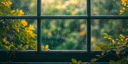 Raindrops on Window Pane with Lush Greenery and Yellow Leaves Background.の素材