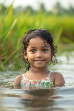 Smiling Young Girl Playing in Water Among Greenery on a Summer Day.の素材