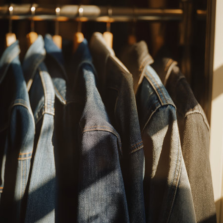 Hanging Denim Jackets in Soft Morning Light Casual Fashion on Display.の素材