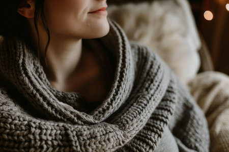 Cozy Winter Moments Woman Wearing Warm Knitted Sweater in Relaxing Indoor Setting.の素材