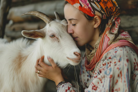 Woman Embracing a White Goat in Rustic Setting with Colorful Headscarf.の素材
