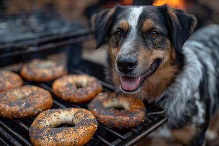 Adorable Dog Enjoying Freshly Baked Bagels by the Grill.の素材