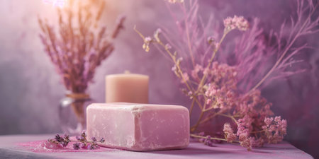 Lavender Spa Elements with Natural Soap, Candle, and Flowers in Relaxing Pink Setting.の素材