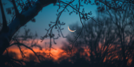 Ethereal Crescent Moon Through Leafless Branches at Sunset.の素材