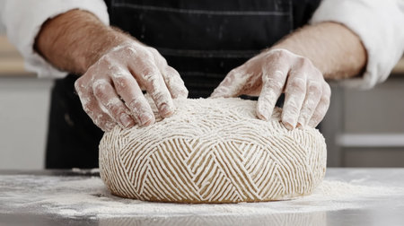 Artisan Baker Shaping Decorative Sourdough Loaf in FlourDusted Kitchen.の素材