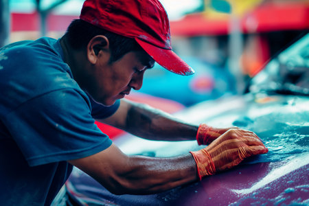 Man Wearing Red Cap and Gloves Washing Car Outdoors with Focused Expression.の素材