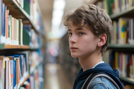 Teenage Student in Library Aisle Searching for Books with Focused Expression.の素材