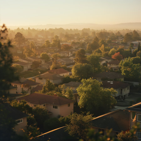 Scenic Suburban Neighborhood at Sunset with Lush Greenery and Rooftops.の素材