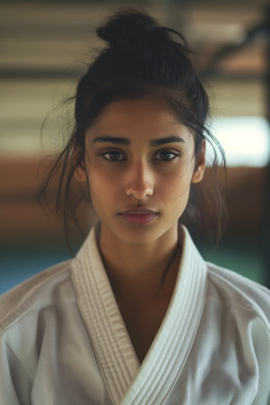 Focused Young Woman in Martial Arts Uniform in a Training Studio.の素材