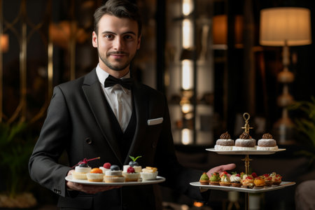 Elegant Waiter Serving Assorted Gourmet Desserts on Tiered Trays at Fancy Event.の素材