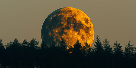 Magnificent Full Moon Rising Over Forest Horizon at Dusk.の素材