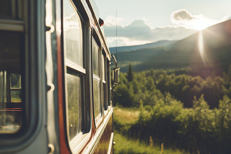 Vintage Bus Traveling Through Scenic Countryside at Sunset with Beautiful Mountain Views.の素材