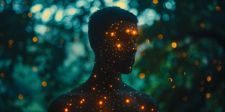 Enigmatic Silhouette of Male Figure Illuminated by Twinkling Lights in a Mystical Forest.の素材
