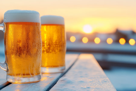 Frosty Mugs of Beer on a Snowy Table at Sunset Warm and Refreshing Winter Drink Scene.の素材