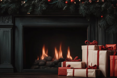 Cozy Holiday Scene with Wrapped Gifts by a Warm Fireplace and Festive Garland.の素材