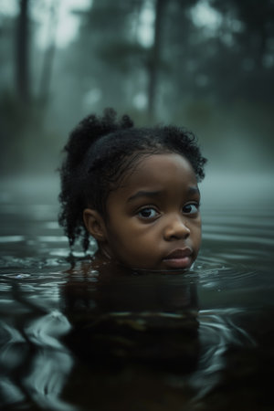 Pensive Child in Misty Water with Reflective Surface in Enigmatic Forest.の素材