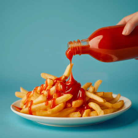 Closeup of French Fries with Red Ketchup Being Poured from Bottle on Plate.の素材