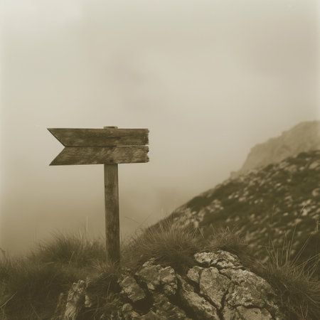Rustic Wooden Signpost on Foggy Mountain Trail in Misty Highland Landscape.の素材