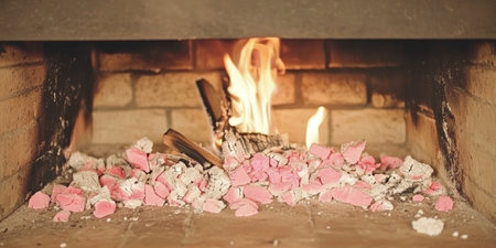 Cozy Brick Fireplace with Burning Wood and Glowing Embers.の素材