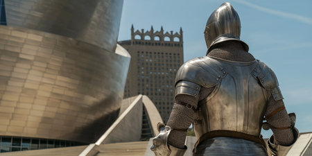 Medieval Knight in Full Armor Standing Before Modern Architecture.の素材
