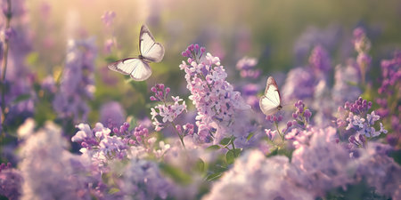 Butterflies Fluttering Among Blooming Lilac Flowers in a Sunlit Garden.の素材