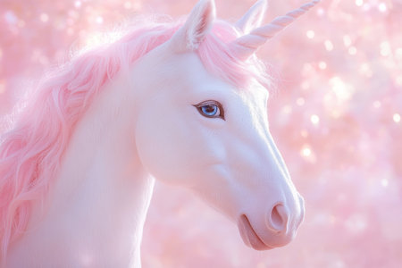 Majestic Unicorn Portrait Against Sparkling Pink Background.の素材