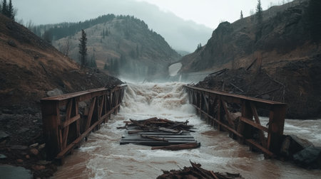 Raging River Through Mountainous Landscape with Wooden Debris on a Stormy Day.の素材