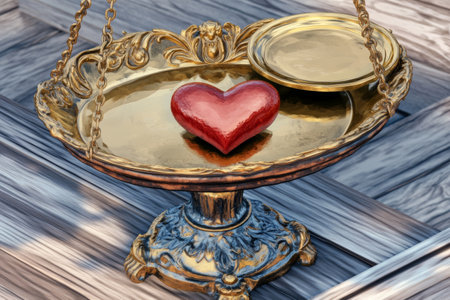 Romantic Symbolism: Heart on Ornate Brass Scale Balancing Love and Worth.の素材