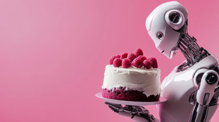 Futuristic Robot Holding Raspberry Cake on Pink Background AI in Culinary Arts.の素材