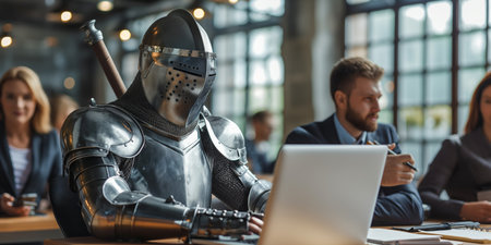 Medieval Knight in Armor Working on Laptop in Modern Office with Business Colleagues.の素材