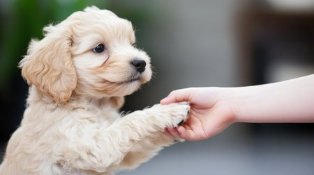 Adorable Puppy Shaking Hands with Human in Heartwarming Gesture of Friendship.の素材