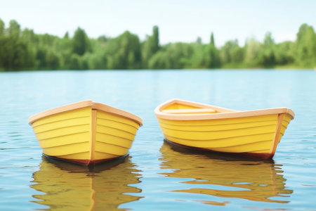 Serene Scene Two Yellow Rowboats on Tranquil Lake Surrounded by Lush Greenery.の素材
